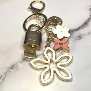 Louis Vuitton Lock & Key #340 with a Floral Charm Keychain | White, Pink & Gold